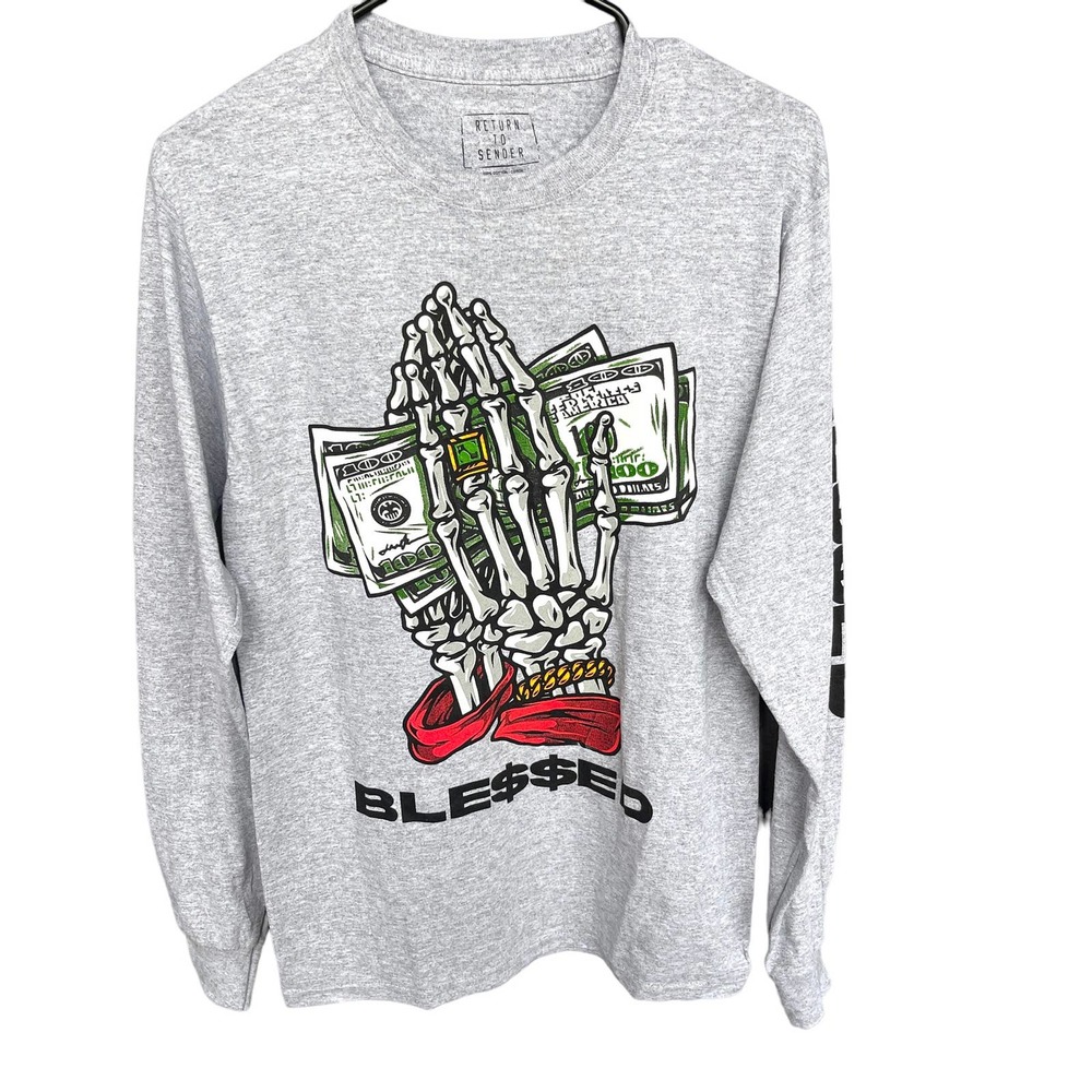 Return to Sender Shirt Adult Small Gray Blessed Skeleton Money Graphic‎